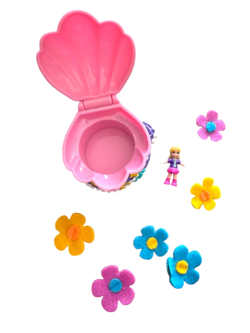 Polly Pocket Shell Compact Sea Shell  Playset Doll & Felt Flowers Lot Mattel